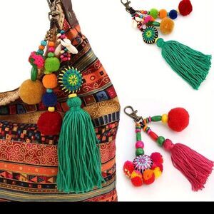 Colorful Bohemian Tassel Bag Charm 1pc GREEN OR PINK